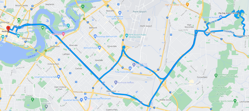 a map showing the route of a car route from perth to zigzag scenic in Perth australia 