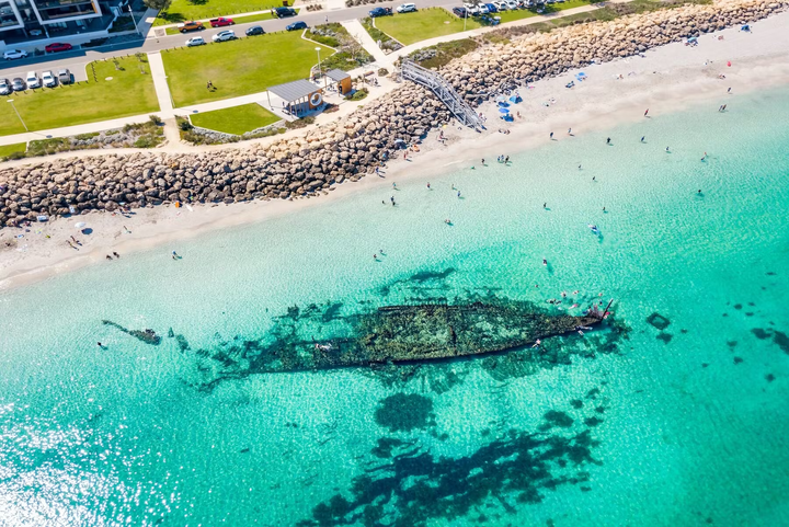 an aerial view of a shipwreck on the Coogee beach, perth, australia