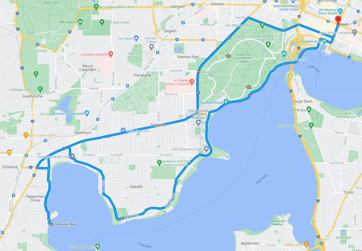 a map showing the route for a car ride around swan river, perth, australia 