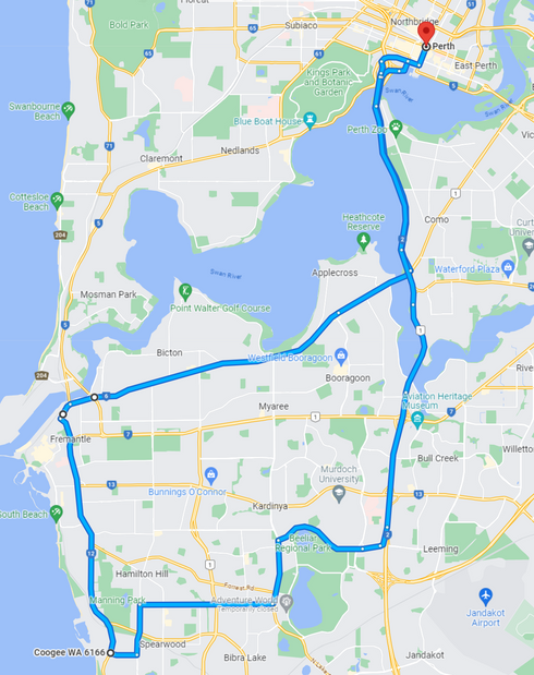 a map showing the route for a road trip from perth to fremantle , Australia.