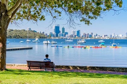 a person sitting on a bench overlooking the water with a city skyline in the background of perth, australia , swan river view